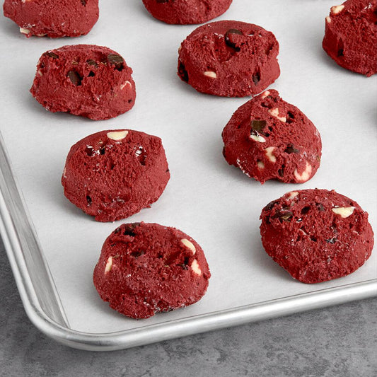 Red Velvet Cookie Dough with White Chocolate Chips –Box Of 30- 50g Ready-to-Bake Pucks